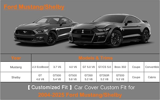 Kayme 6 Layers Car Cover Custom fit for Ford Mustang/Shelby (1964-2025) Waterproof All Weather for Automobiles, Outdoor Full Cover Rain Sun UV Protection.Silver