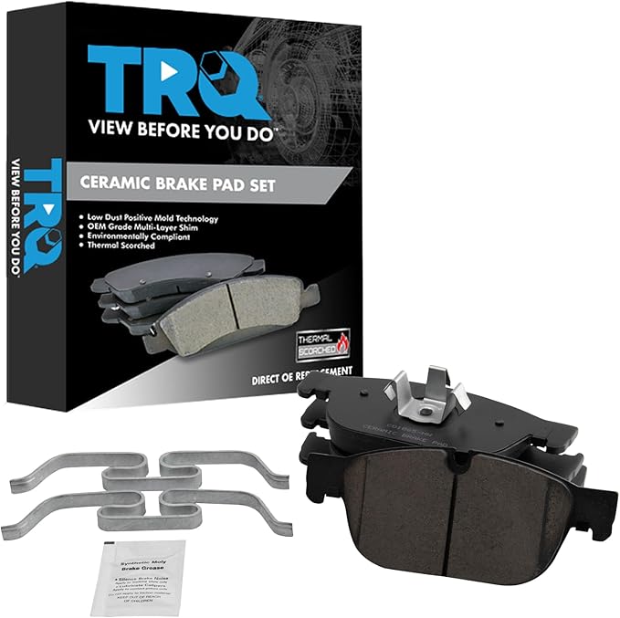 TRQ Front Ceramic Brake Pad Set Includes Contact Point Grease Compatible with 19-21 Volvo S60 345mm Rotors 17-21 S90 345mm Rotors 19-20 V60 345mm Rotors 20-21 V60 Cross Country 345mm Rotors