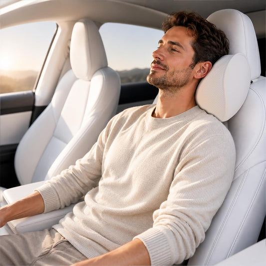 2025 Upgrade Headrest Pillow for Tesla Model 3 Model Y with Adjustable Strap,Fits All Vehicles,Car Neck Pillow with Leather,For Head,Neck,Shoulders,Multipurpose,Car Accessories 1 Pack (White)