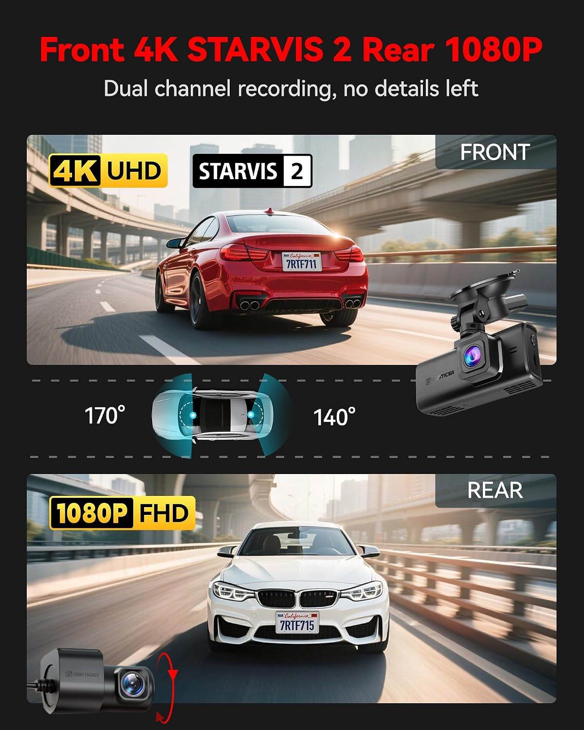 4K STARVIS 2 Dashcam Front Rear, 5Ghz Wifi 20Mb/S, Voice Control