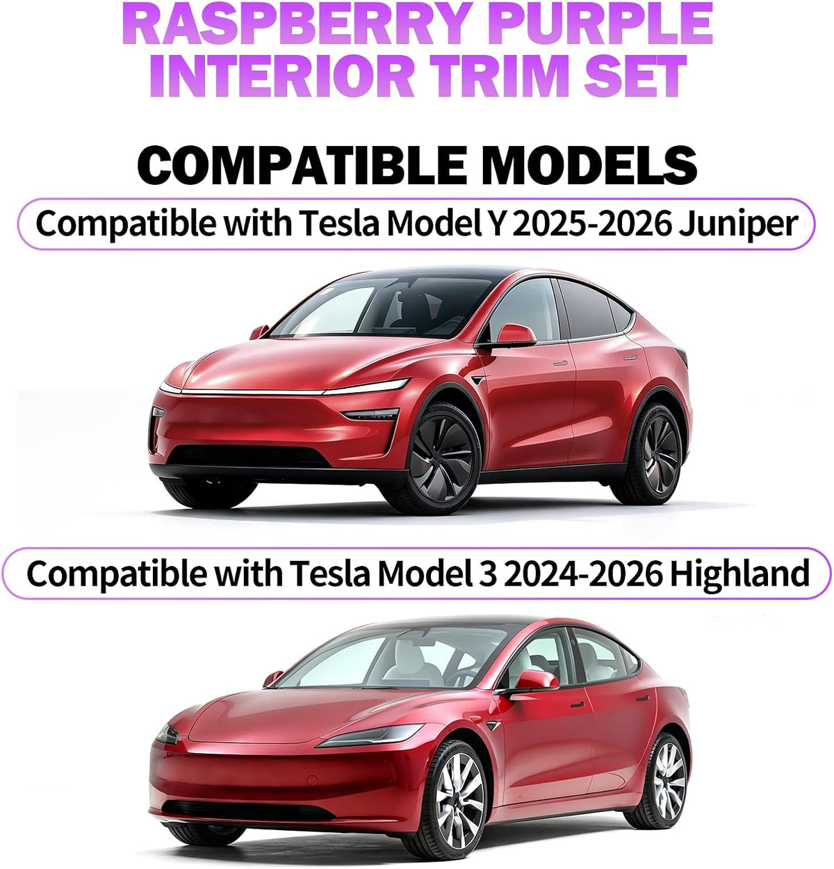 Purple Interior Covers Trims Kit for Tesla Model Y/3 Accessories 2024-2026