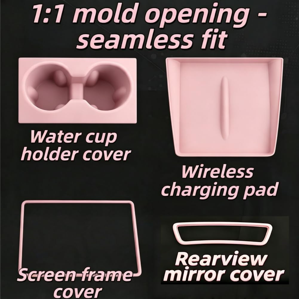 4PCS Silicone Interior Accessories for Tesla Model Y Juniper/Model 3 Highland Including Center Console Mat Cup Holder Insert Screen Edge Protector Frame Mirror Frame Protector (Pink)