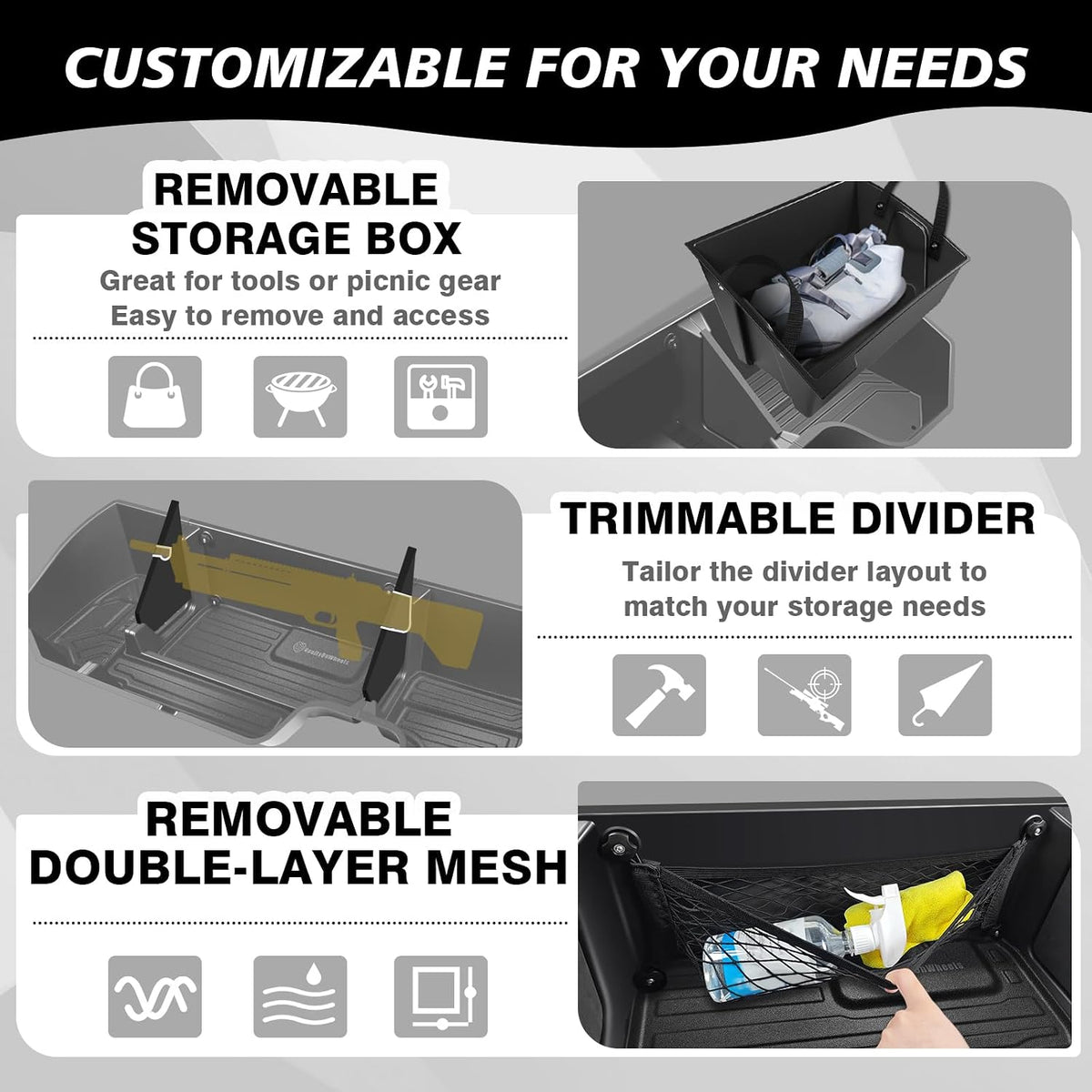 under Seat Storage Box Fit for 2019-2026 Chevy Silverado 1500/2500/3500HD (Not for Rear Kicker Subwoofer), Console Organizer Truck Tool Box Detachable Underseat Organizer W/Tpe Mats