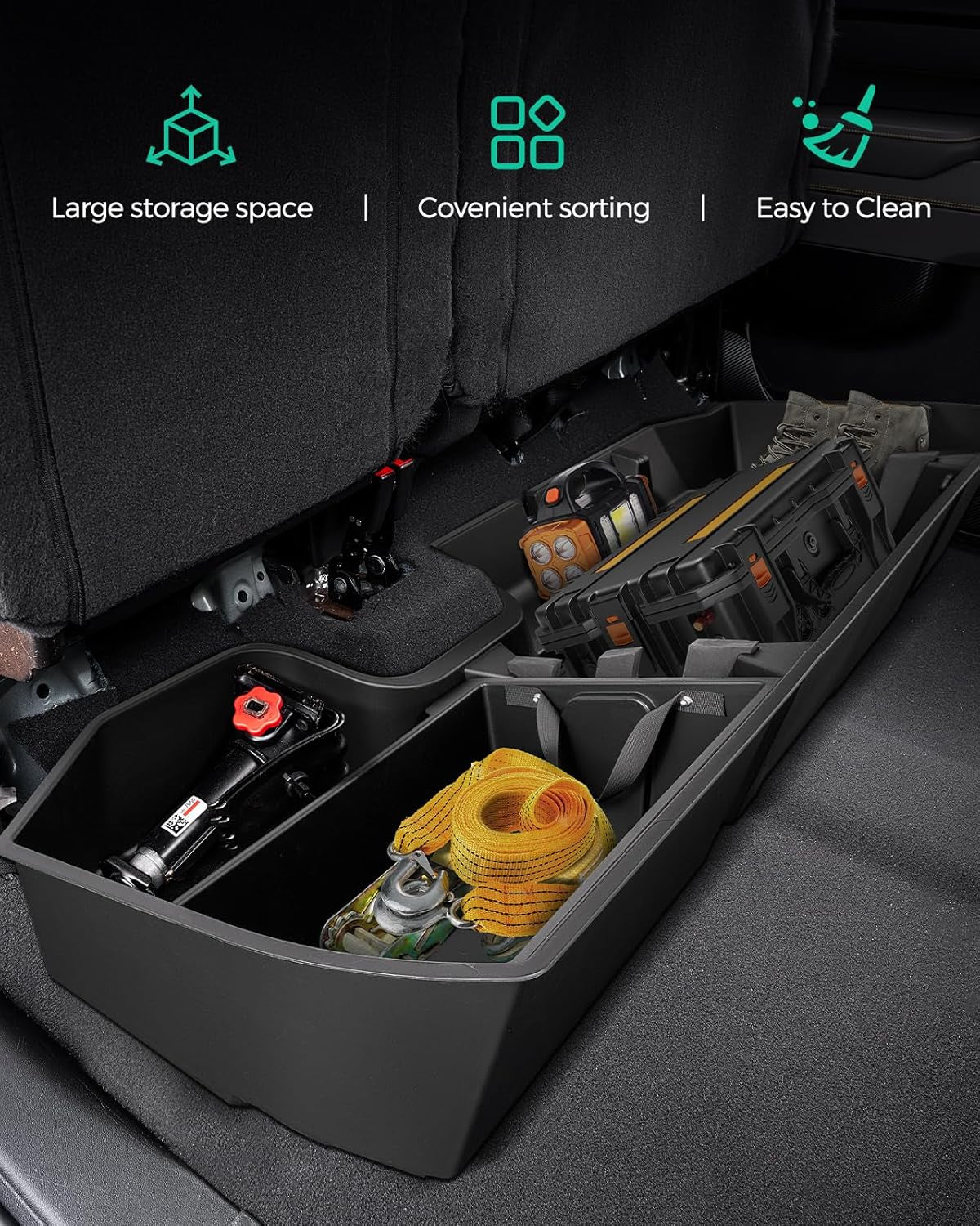 Truck Underseat Storage for Silverado Sierra: 2019-2026 Crew/Double Cab, Rear under Seat Organizer Tool Box Car Accessory for Chevy Silverado & GMC Sierra 1500 2500HD 3500HD (W/ Detach Bin & Mesh Net)