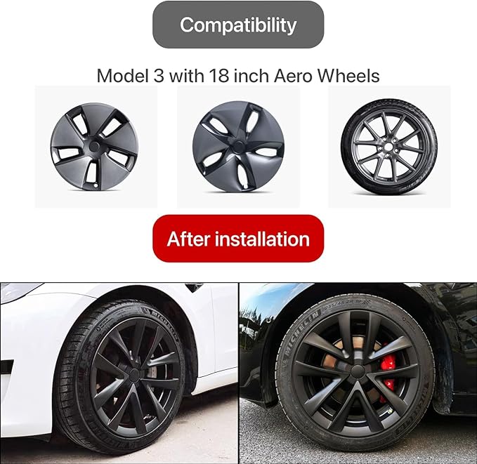 KAVANIC 4PCS Hubcaps Fits for Tesla Model 318 Inch Hubcap Matte Black Support Logo Long Range Arachnid Style for Model 3 2017-2023 18" Aero Wheel Cover Rim Protector (RWD/AWD)