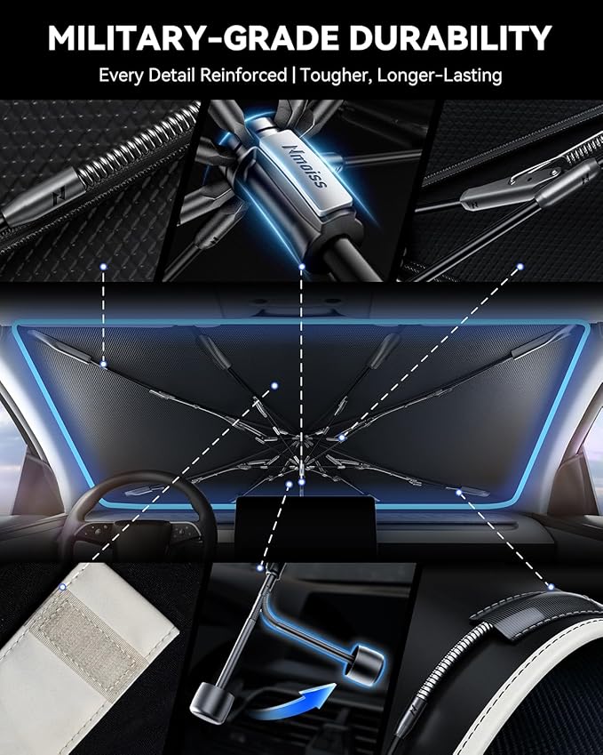 Nmoiss [Vinyl Coating Heat Shield] Windshield Sun Shade Umbrella Fit for Model Y 2020-2026 Include Juniper, Protect Car from Sun Rays & Heat Damage Keep Cool and Protect Interior, TeslaAccessories