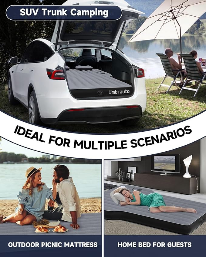 Umbrauto Custom Fit Air Mattress for Tesla Model Y/Juniper, 2026 Upgraded Inflatable Camping Bed for Back Trunk, Soft Flocking Surface+Reinforced Bottom Sleeping Pad w/Pump for Outdoor Travel
