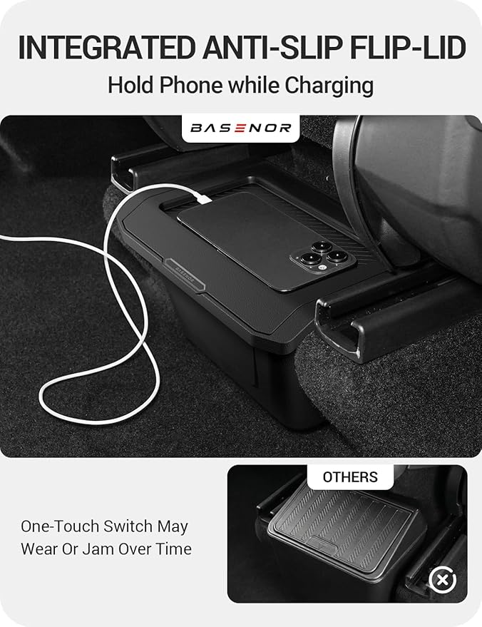 BASENOR 2026 2025 Tesla Model Y Juniper Rear Center Console Organizer, TPE Dustproof Trash Can with Anti-Slip Lid Garbage Bin Backseat Storage Box for Model Y Premium/Performance
