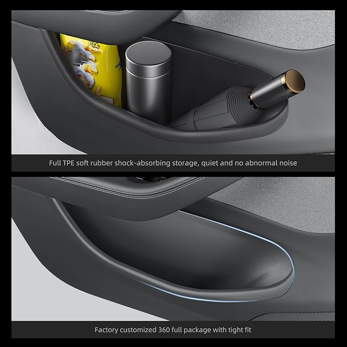 LUCKEASY 4PCS Door Side Storage Box Full Arounding for Tesla Model Y Juniper 2025 2026 Front & Rear Door Pocket Inner Organizer Trays Full Cover for Model Y Juniper Accessories TPE Black