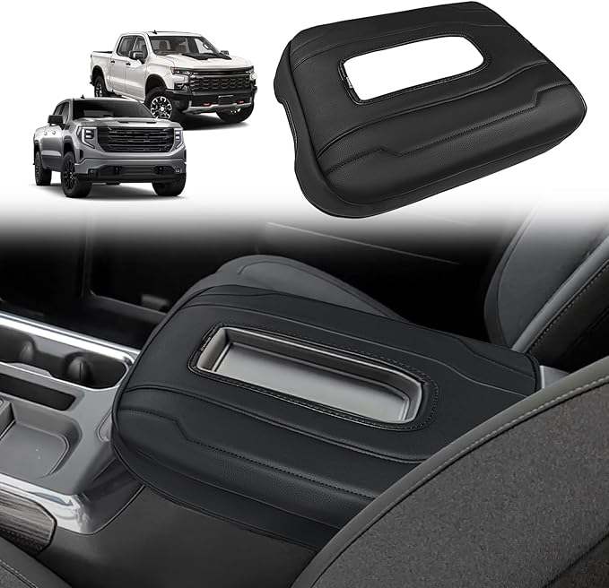Muslogy Center Console Armrest Cover Fit for Chevy Silverado & GMC Sierra 1500 2500 3500 2022-2026 Accessories, Comfort Armrest Pad Console Lid Cushion Vegan Leather Regular Thick(Bucket Seat ONLY)