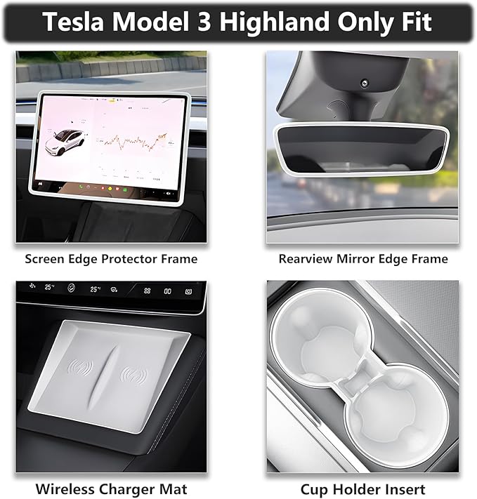 4PCS Center Console Wireless Charger Mat Silicone for 2025 2024 Tesla New Model 3 Highlan Cup Holder Insert, Screen Edge Protector Frame, Rear View Mirror Cover Decoration Accessories(White)