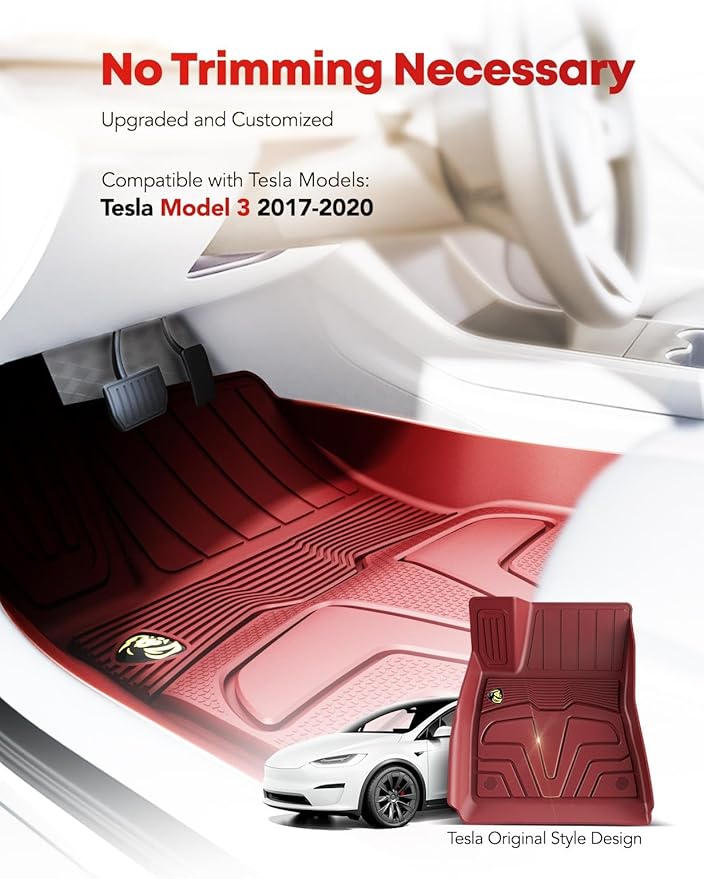 YHTAUTO Floor Mats Compatible with Tesla Model 3 2017-2020, TPE Floor Liners All Weather Custom Fit, 1st & 2nd Row, Set of 3, Red