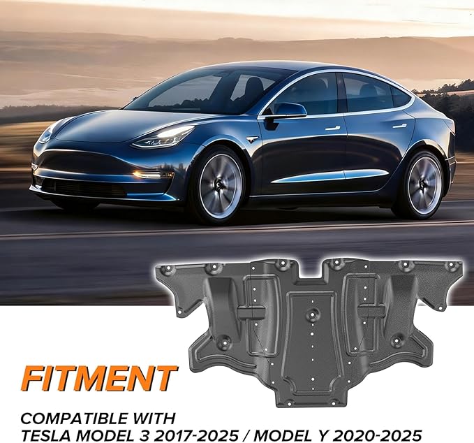 MusixiA Rear Skid Plate Compatible with 2017-2025 Tesla Model 3 & 2020-2025 Model Y, Heavy-Duty Engine Splash Shield & Under Chassis Guard, All-Weather Protection from Debris/Scrapes/Splashes