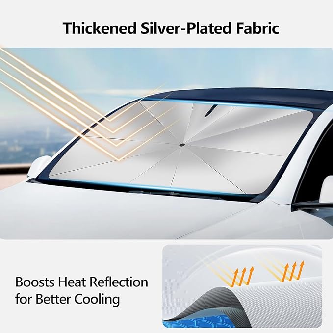 2025 Windshield Sunshade Fits All Tesla Model 3 & Y 2017-2025 Including Juniper Highland Reflective 240T Polyester Heat and UV Rays Windshield Sun Shade Foldable Tesla Interior Protection Accessory