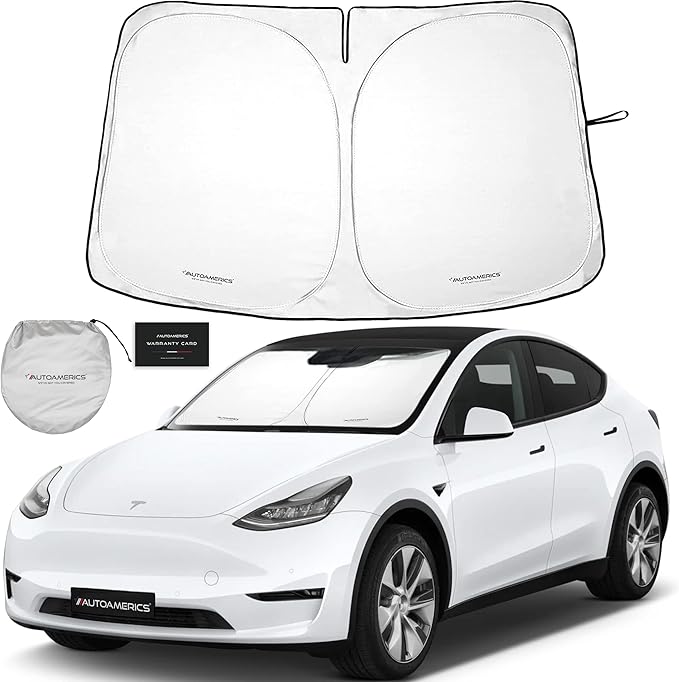 Autoamerics 1-Piece Tesla Model Y Sunshade & 3 Sunshade - Special Design for Model Y & 3 Windshield - Foldable Lightweight M3 Sun Shield - 2023 Tesla Y/3 Accessories