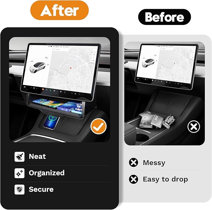 Hidden Under Screen Storage Box for 2016-2026 Tesla Model Y/Model 3 Accessories,One‑click open & Silent Damping Slides Center Console Organizer (Fit New Model Y Juniper/Model 3 Highland)