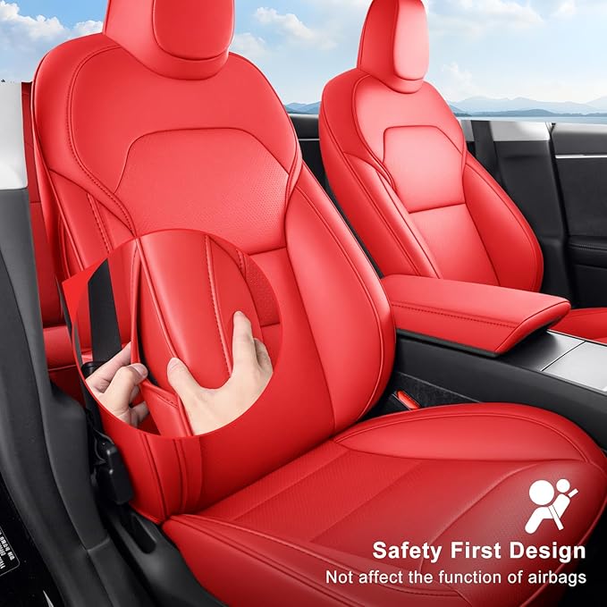 2024-2025 Tesla Model 3 Highland Upgraded Car Seat Covers Nappa Leather Car Interior Airbag Compatible Cushion Cover Full Set Custom Fit Model 3, Nappa Bright Red
