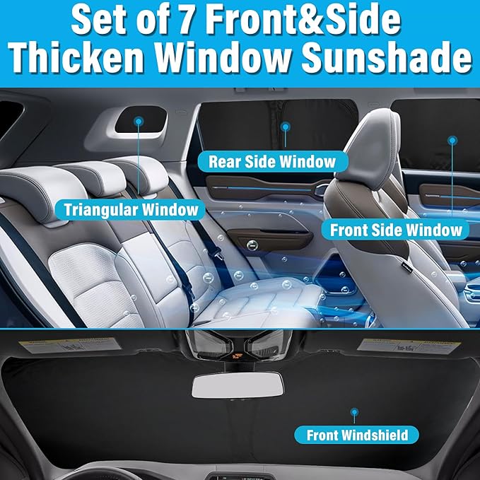 KMF 7pcs Thicken Sun Shades for Ford Bronco 4Door(Not Sport) 2021-2025 Accessories, Car Window Covers Sunshade for Windshield Side, UV Block and Privacy Blackout for Camping Outdoor