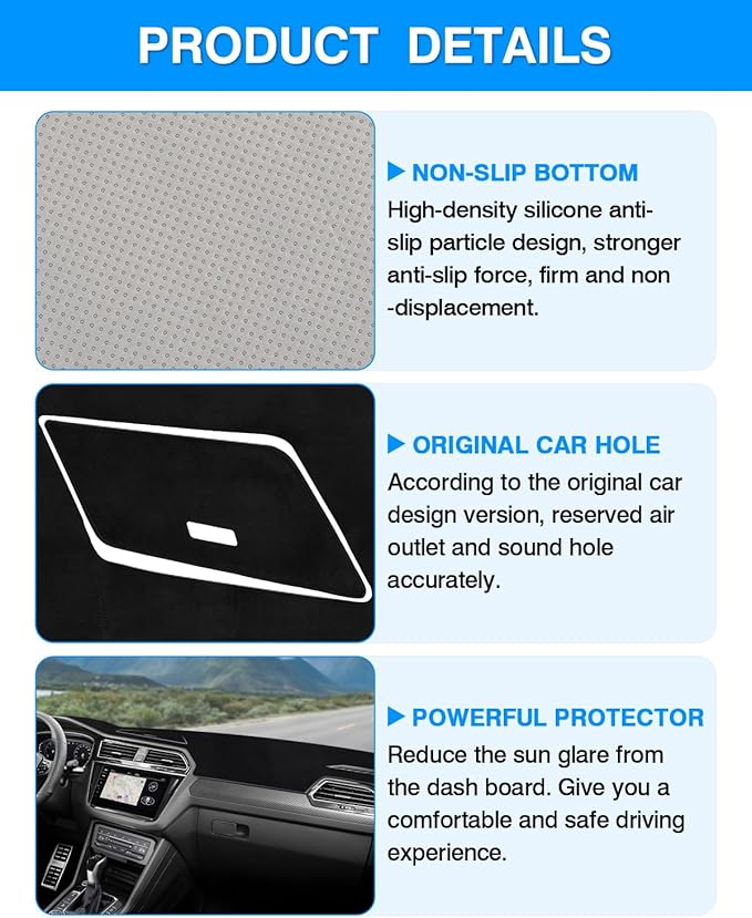 Autorder Dashboard Cover Mat fit for 2017-2024 Volkswagen VW Tiguan Accessories Dash Cover Flannel Dash Mat Sunshade Glare UV Rays Protector