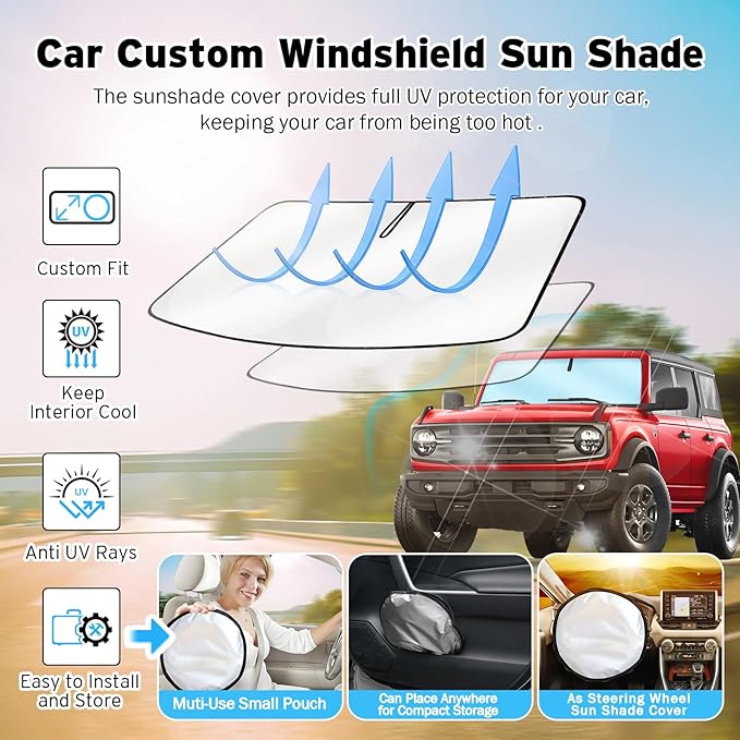 Windshield Sun Shade for Ford Bronco 2021-2024 2025 - Upgraded Nano Materials Bronco Sunshade for Windshield, Foldable Window Cover for Bronco