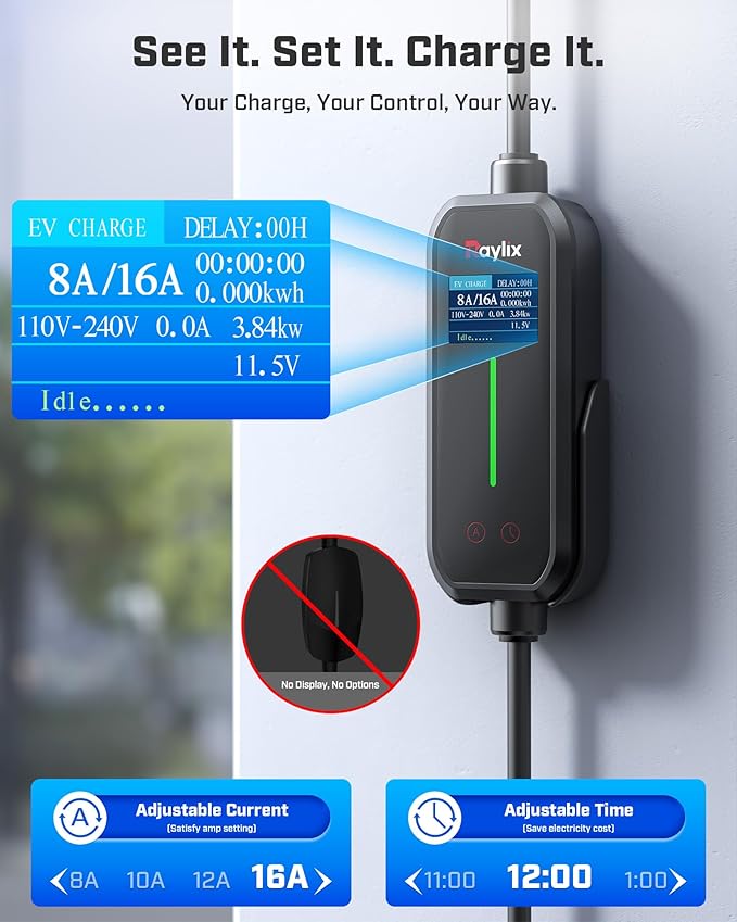 2026 Upgraded Level 1&2 Portable EV Charger, 8-16Amp Adjustable Current & Timer, 110V–240V, NEMA 5-15 & 6-20 Plug, 21Ft EV Charging Cable, J1772 Electric Car Charger for All PHEV/EV Charging Cord