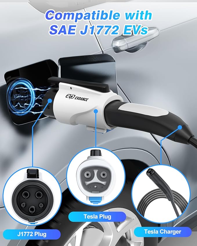 EVDANCE Tesla to J1772 Charging Adapter - Max 80A & 250V J1772 EV Adapter Compatible with Tesla Destination Chargers and Mobile Connectors (for Tesla Level 1/2 Chargers(80A Max), White)