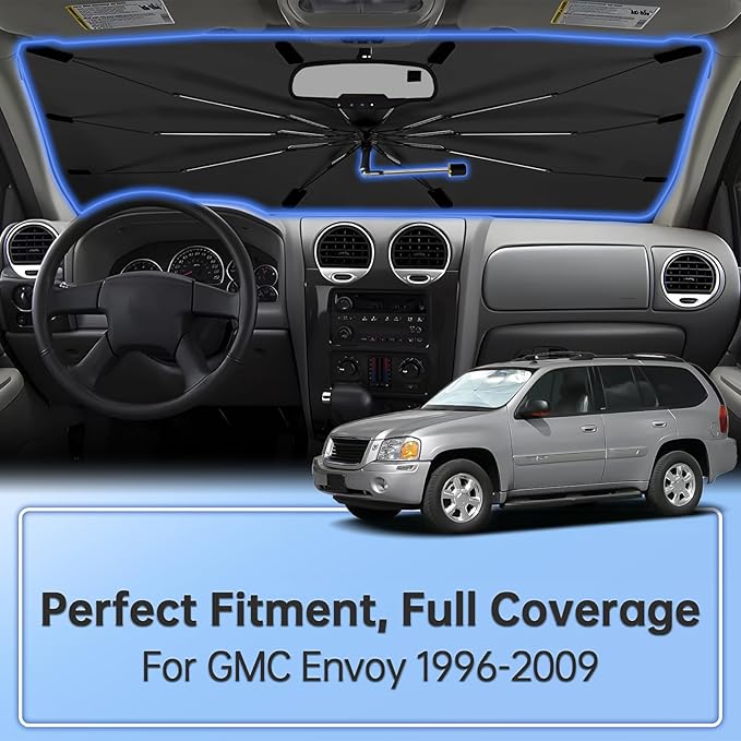 Windshield Sun Shade Umbrella for GMC Envoy 1996-2009, Foldable Car Sunshade for Front Window, Highly Reflective Windshield Sun Shield Visor for UV Protection, Keep Car Cool Accessories