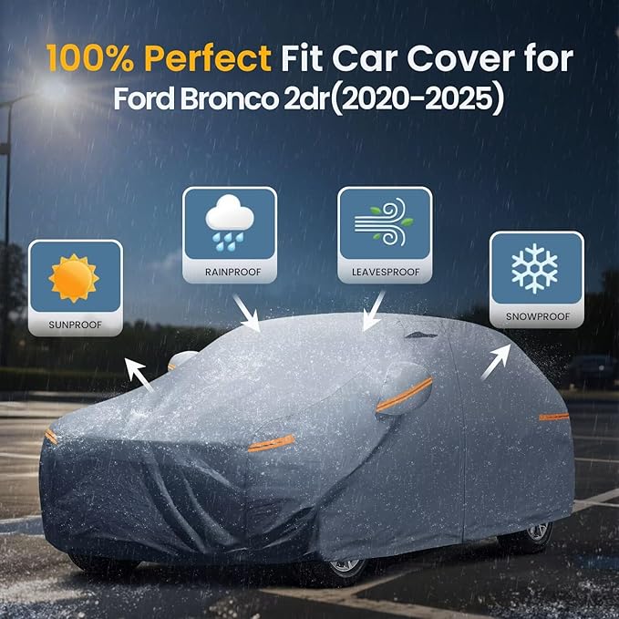 Waterproof Ford Bronco/Ford Bronco 4 Door (2020-2026) Car Cover with Breathable Vents, [2026 Upgrade] Premium Covers with Cotton Liner and Zipper Door, Sun Rain Snow Dust Uv Protection.