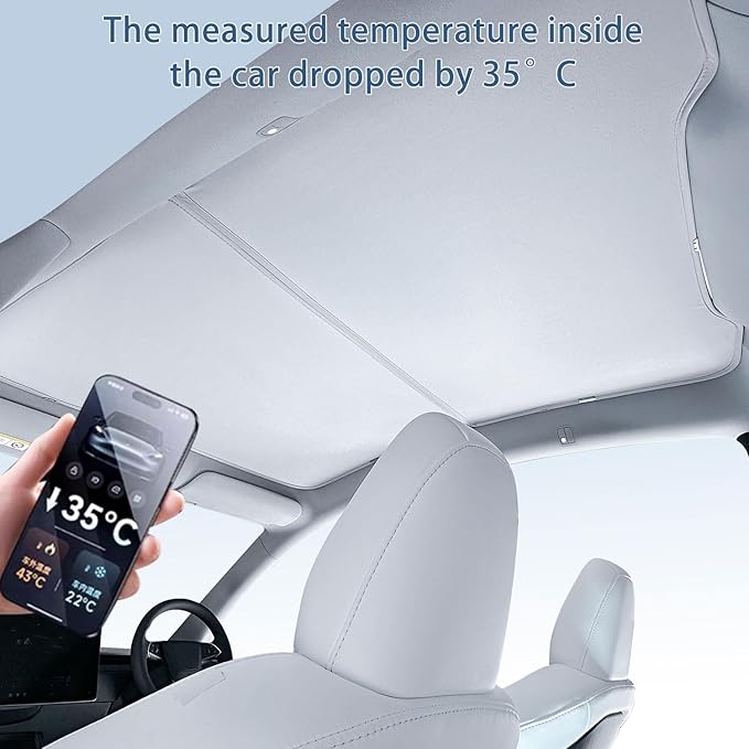 TOPABYTE Sunshade Roof for Tesla Model Y Juniper 2026 2025 Upgrade Ice Crystal Foldable Car Glass Sunroof Shade Sunshades Heat Insulation Cover Roof Window UV Protection, Beige