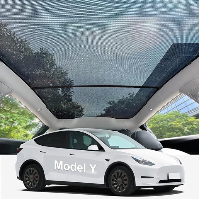 Tesla Model Y Juniper Glass Roof Sunshade, 2-Piece Mesh Panoramic Sunroof Shade for Front and Rear Roof, UV Protection, Heat Insulation, Foldable with Storage Bag