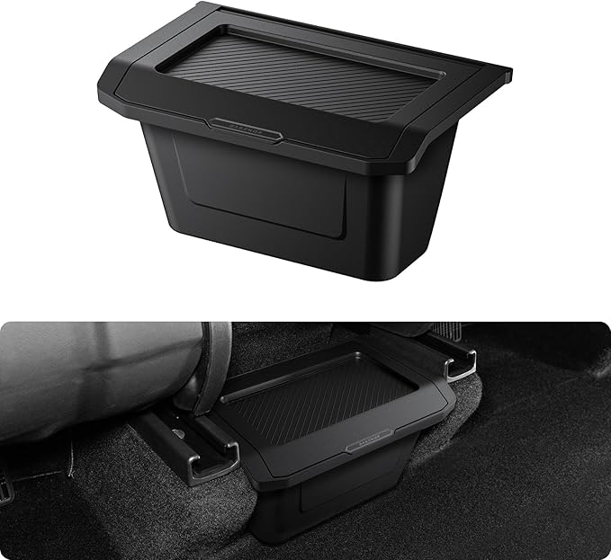 BASENOR 2026 2025 Tesla Model Y Juniper Rear Center Console Organizer, TPE Dustproof Trash Can with Anti-Slip Lid Garbage Bin Backseat Storage Box for Model Y Premium/Performance