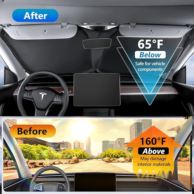 Tesla Model Y Sunshade Windshield Upgraded Foldable Sunshade Front Window Sun Shade Full Cover Full-Size Foldable Front Sun Shade UV Protection Fabric 2025 New Model Y Refresh (Juniper) (White)