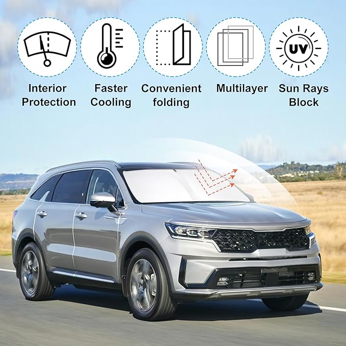 YYCKE Windshield Sun Shade Accessories Compatible with 2021-2024 2025 Sorento SUV for Kia Foldable Sunshade Sun Visor Blocks UV