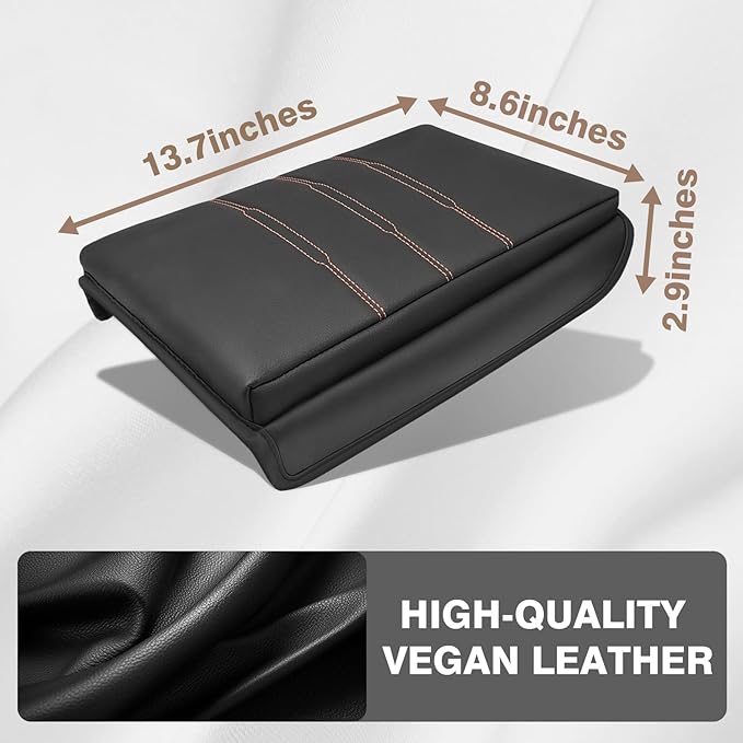 Muslogy Center Console Armrest Cover Fit for Honda CR-V 2023+ & CRV Hybrid Accessories, Comfort Armrest Pad Console Lid Cushion Vegan Leather 1-Inch Extra Thick (Black/Organge Trim)