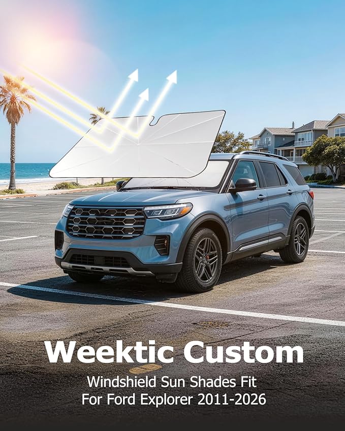 [2026 Upgraded] Weektic Custom Windshield Sun Shade Umbrella for Ford Explorer 2011-2026, [Double Thickened Ice Crystal Coating] Sun & Heat Protection, Keep Vehicle Cool & Protect Interior