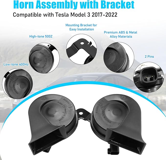 Jaronx Compatible with Tesla Model 3 Horn Assembly with Bracket 2017-2022, Dual Tone Snail for Tesla Model 3 Accessories, High Low Tone Horn Replacement 1486943-00-A 1109660-00-B