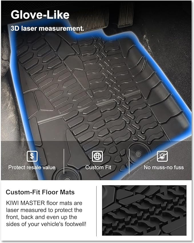 KIWI MASTER Floor Mats for 2014-2017 Jeep Wrangler JK 2-Door, Custom Fit All Weather Car Mats, Heavy Duty TPE Floor Liners, Front & Rear 2 Row, Black