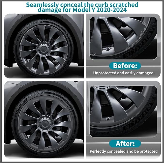 21" Gunpowder Rim Protector for Tesla Model Y 2020-2024 Uberturbine Wheels, Set of 4 ABS Trim Rings, Snap-on Installation & Curb Rash Prevention