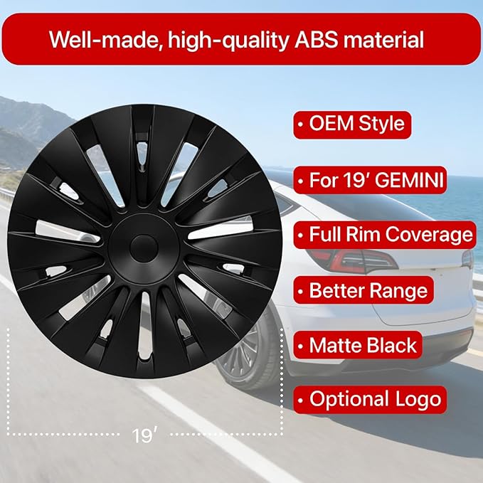 KAVANIC 4Pcs Wheel Cover Fits for Tesla Model Y 19Inch ABS Matter Black Hubcaps for 19" Gemini Wheels Long Range, Wheel Covers Fit for Model Y 2020-2024 Induction Style Rim Protector (RWD/AWD)