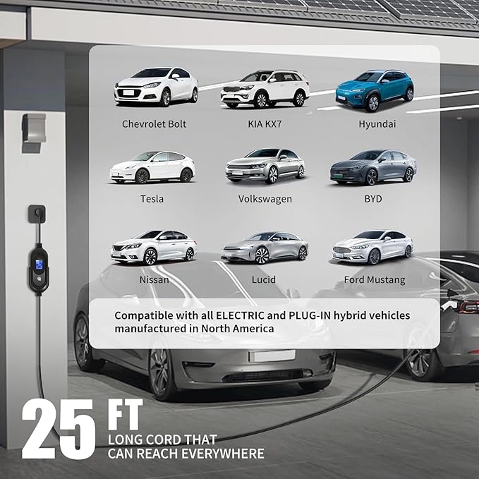 Portable Level 1/2 EV Charger 16A 110V-240V, 25FT Electric Car Charger with Adjustable Current Delay Timer, ETL Certified Waterproof SAE J1772 NACS Compatible Home Travel EV Charging Cable