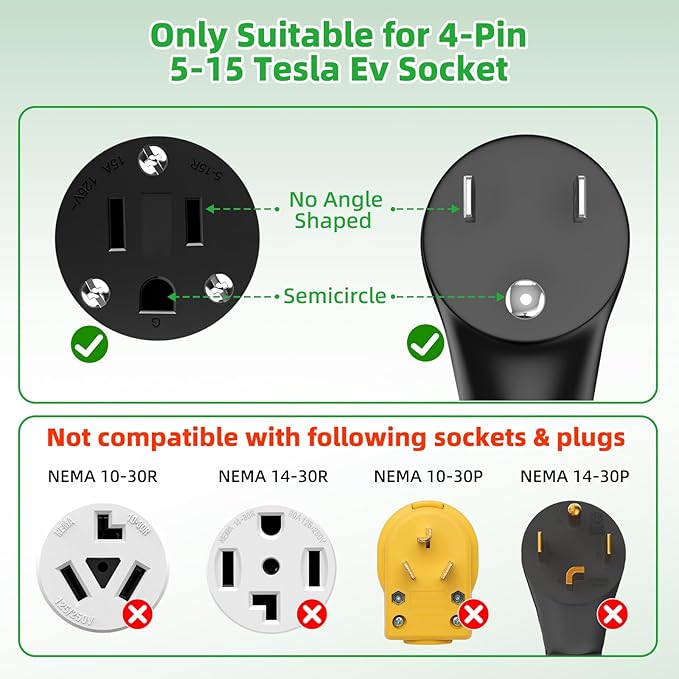 for Tesla NEMA 5-15 Adapter, Max 12 Amp Neme-5-15 Fast Charging Adapter for Tesla Model S 3 X Y to Charge at 4-Prong Dryer 250V Outlet, 11.8 Inch in Length -Safe and Durable Black