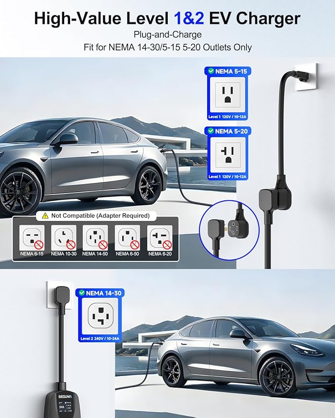 SEGUMA Level 1/2 Tesla Charger (10A-24A), 240V NEMA 14-30 Dryer Outlet Plug & 120V NEMA 5-15 Adapter, 25ft Cable, Portable Home Mobile Electric Car Charging Station NACS for Model Y/S/3/X/Cybertruck