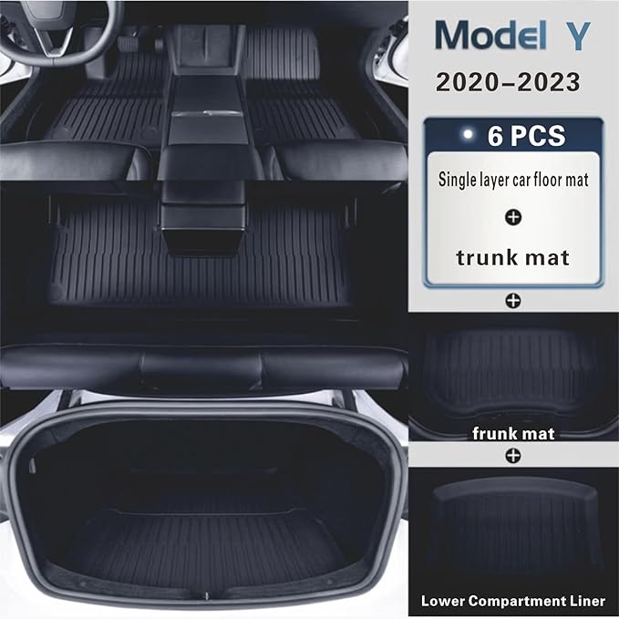 TPE Floor Mats for Tesla Model Y 2020-2024, 6-Piece Full Set with 2-Layer Trunk Liner & Frunk Mat