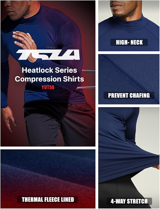 TSLA Men's Thermal Long Sleeve Compression Shirts, Mock/Turtleneck Winter Sports Running Base Layer Top