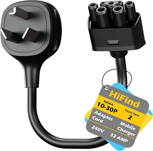 HiFind NEMA 10-30 Adapter for Tesla Gen 2 Mobile Charger 1 Ft, Connect Tesla Portable Charger to 10-30 Plug 240/250V Outlet 32 Amp Fast Charging for EV, Model S/3/X/Y, Safe & Durable, ETL, Black