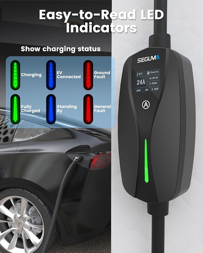 SEGUMA Level 2 Tesla Charger-24Amp 240V, NEMA 14-30 Plug, 25FT Extension Cable, Adjustable Current (10-24A)-Portable Home Mobile EV Charger for Model Y/X/3/S/Cybertruck, Fit 4-Prong Dryer Outlet