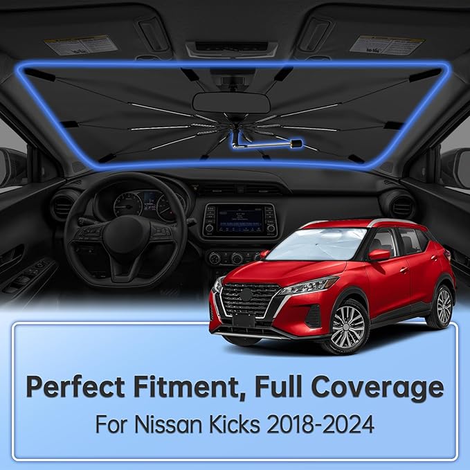 Windshield Sun Shade Umbrella for Nissan Kicks 2018-2024, Foldable Sunshade for Car Front Window, 360 Rotation Automotive Interior UV Protection for Outdoor Parking, Keep Car Cool