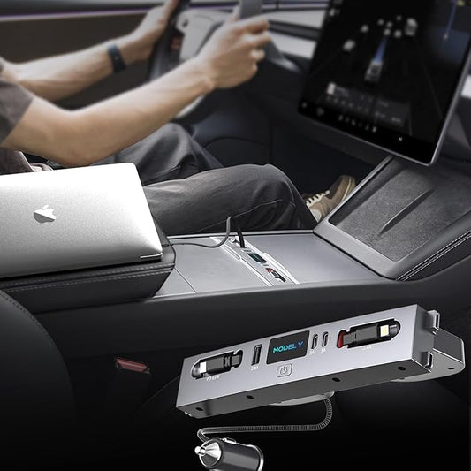 125W Max Retractable USB Hub, Tesla New Model Y Juniper (2026/2025) Accessories, Super Fast Charger Up 65W for MacBook Pro/Air/iPhone 16/15/Samsung Series, 5 in 1 Docking Station