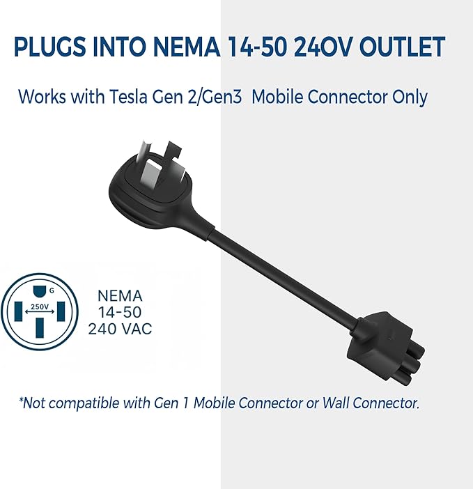 NEMA 14-50 Adapter for Tesla Gen 2/Gen 3 Mobile Charger, 240V 32 Amp Portable Charging Cord, 10 Inch Length (NEMA 14-50)