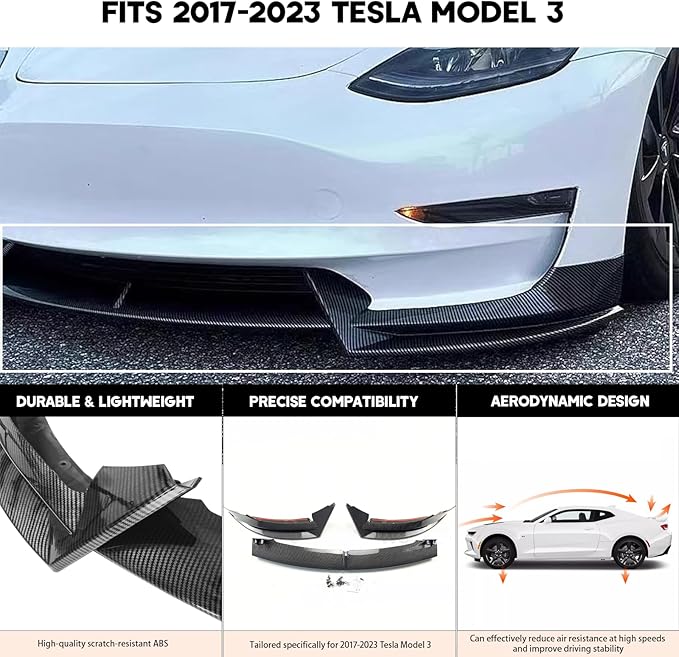 Front Bumper Lip Splitter Spoiler for 2017-2023 Tesla Model 3 Front Lip Air Dam Chin Spoiler Body Kit for Model 3 Accessories (Carbon Fiber Style)